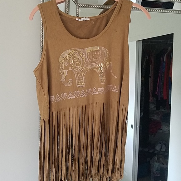 It Girl suede fringe tank top w elephant large - Picture 2 of 4